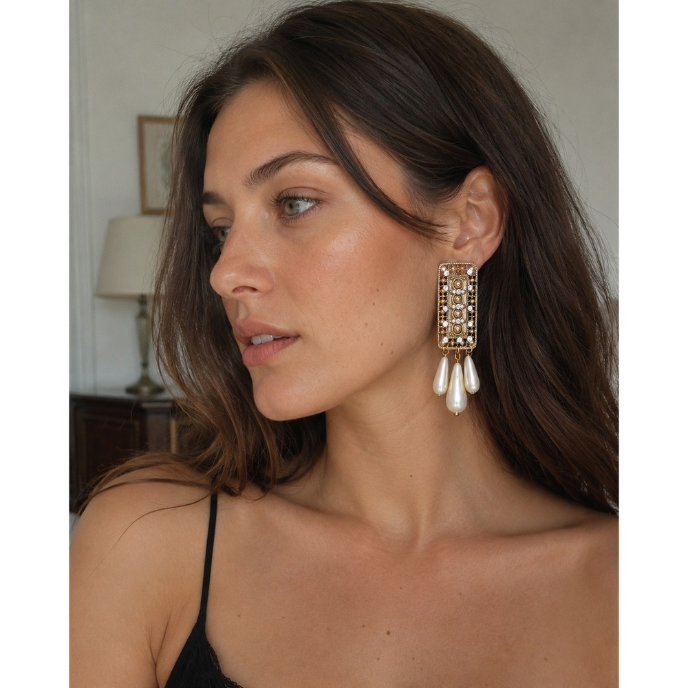 Filigree Faux Pearl Drop‎ Earrings 2"